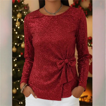 Women's Glitter Bow Front Long Sleeve Blouse