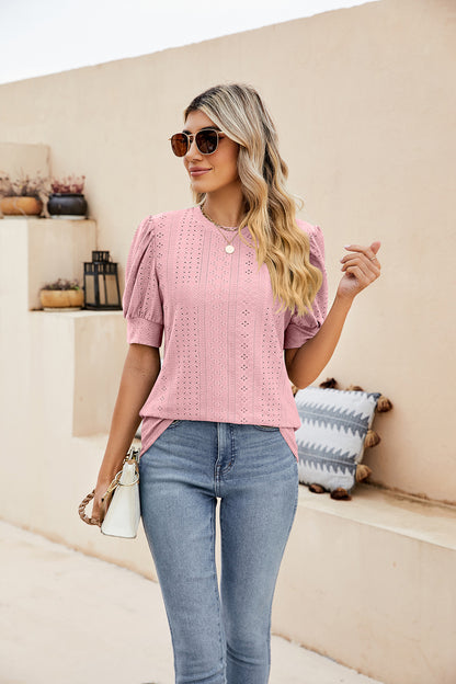 Sweet Puff Sleeve Shirt with Embroidered Cutouts