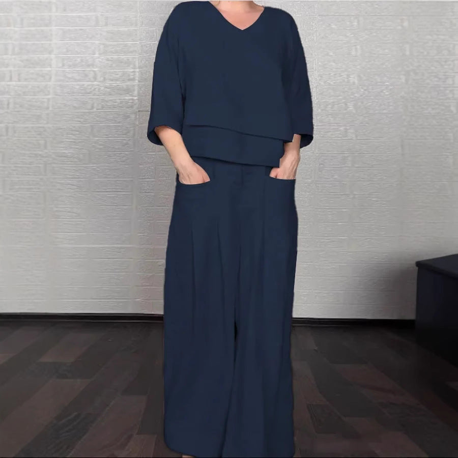 Plus Size Asymmetric Solid Matching Set Wide Leg Pants