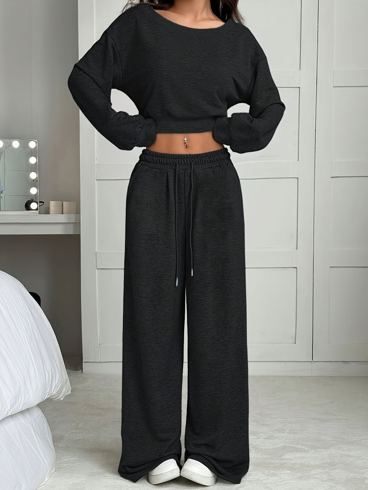 Women's Off Shoulder Crop Top Wide Leg Pants Lounge Set