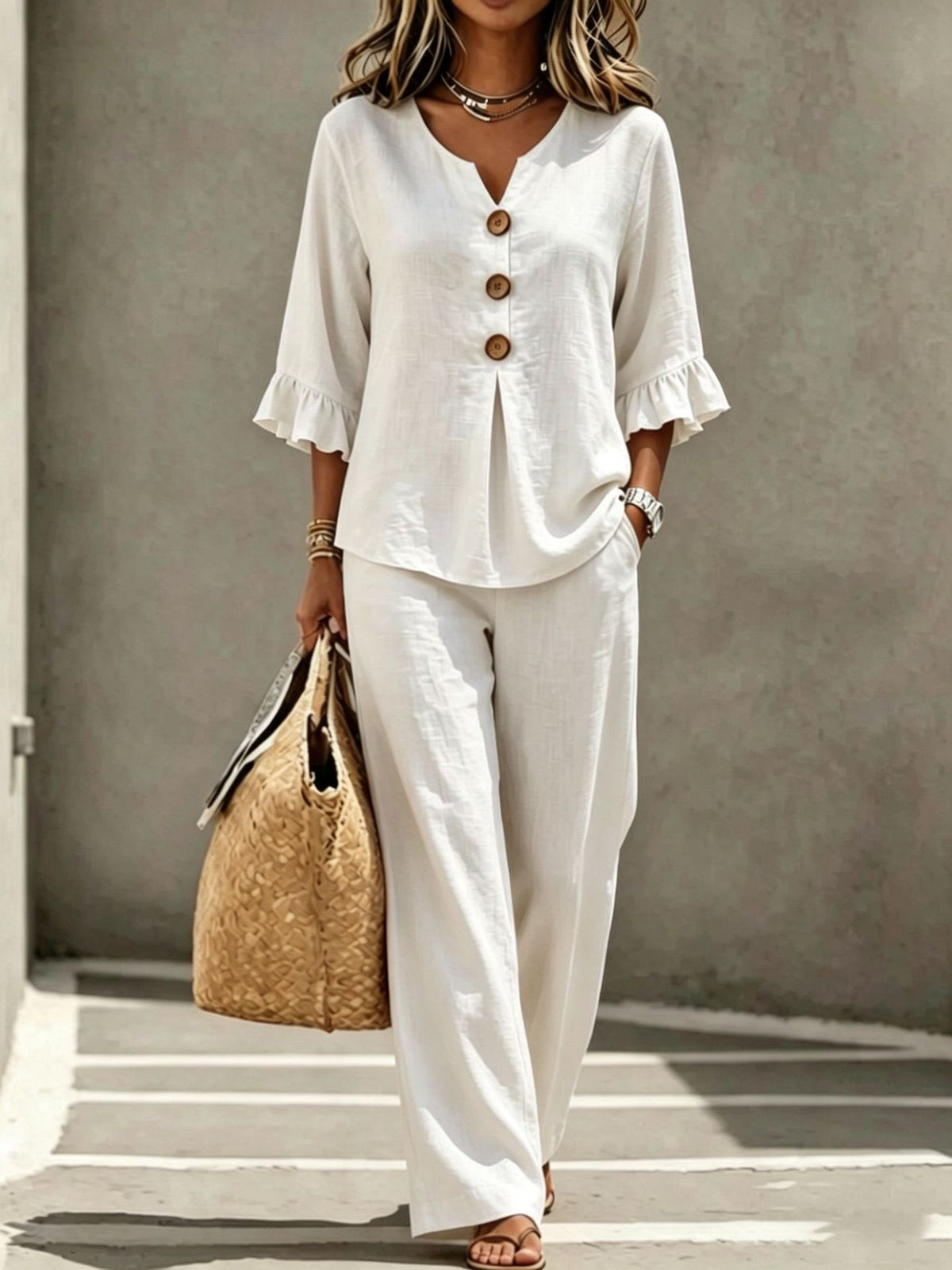 Women's V Neck Ruffle Sleeve Button Top Wide Leg Pants Set