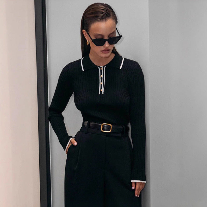 Women's Polo Collar Ribbed Long Sleeve Crop Sweater