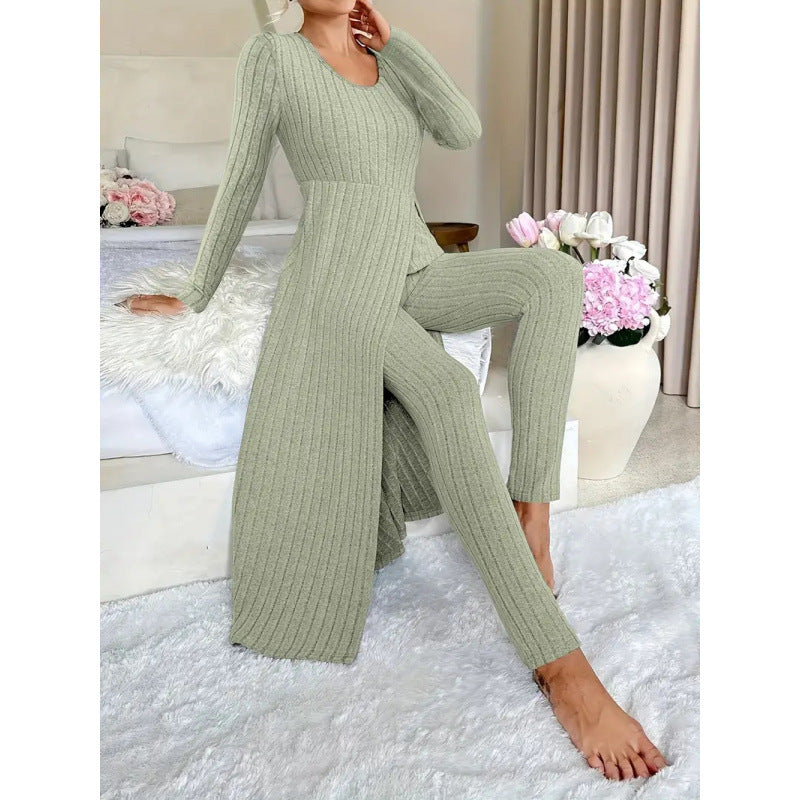 Women's Ribbed Knit Side Split Long Sleeve Two Piece Set