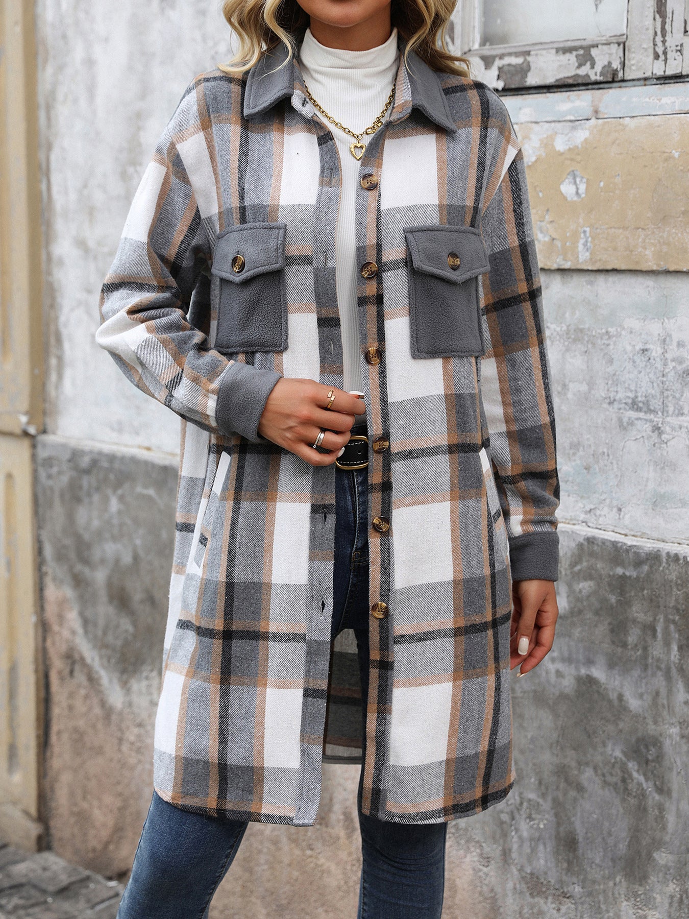 Plaid Shirt Jacket for Women - Long Button Front Coat
