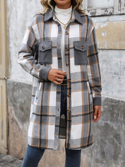 Plaid Shirt Jacket for Women - Long Button Front Coat