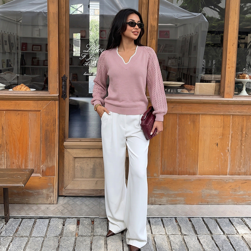 Solid Knit V Neck Sweater Contrast Trim Pointelle Sleeve