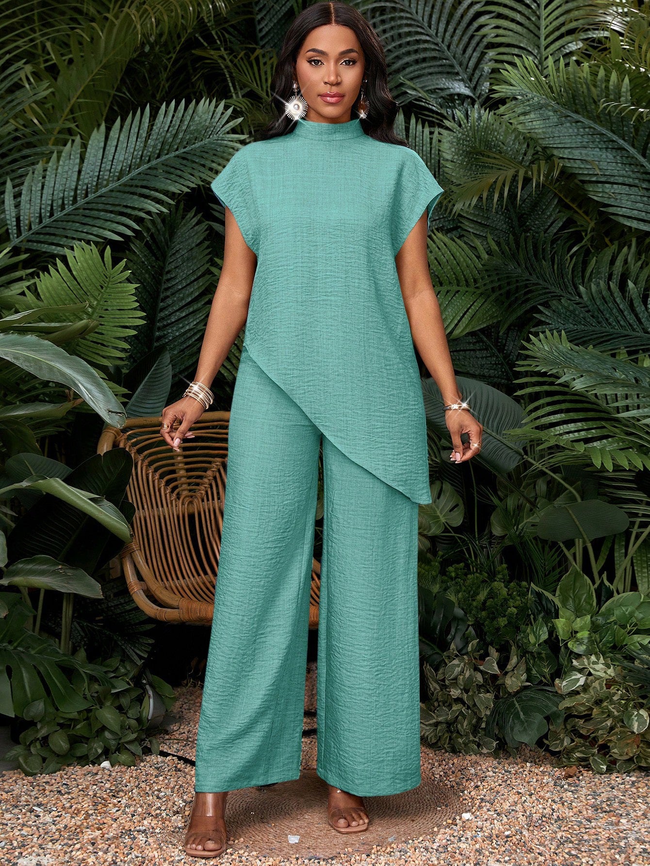 Mock Neck Wide Leg Lounge Set Women Casual Matching Outfit