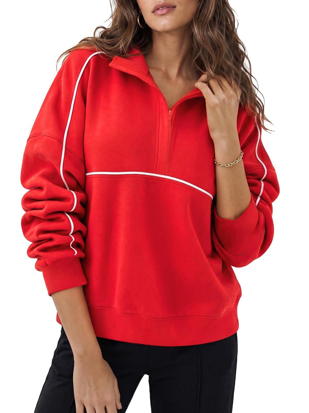 Quarter Zip Pullover Sweatshirt Contrast Piping Relaxed Fit