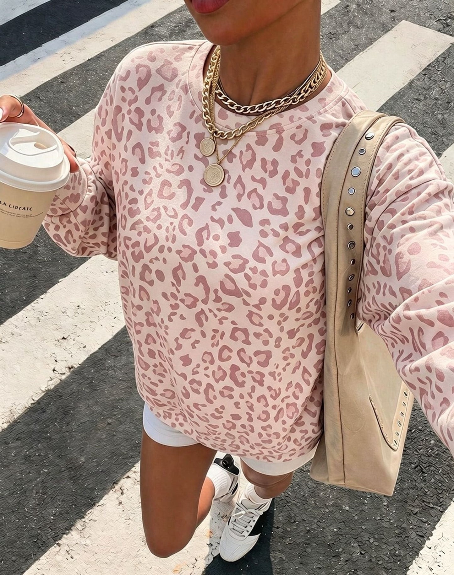 Leopard Print Sweatshirt Relaxed Fit Crew Neck Pullover