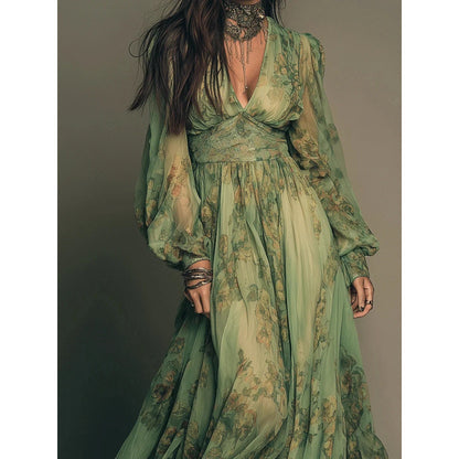 Boho Floral V-Neck Long Sleeve Flowy Maxi Dress