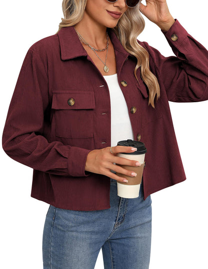 Women's Corduroy Cropped Shacket Button Down Jacket