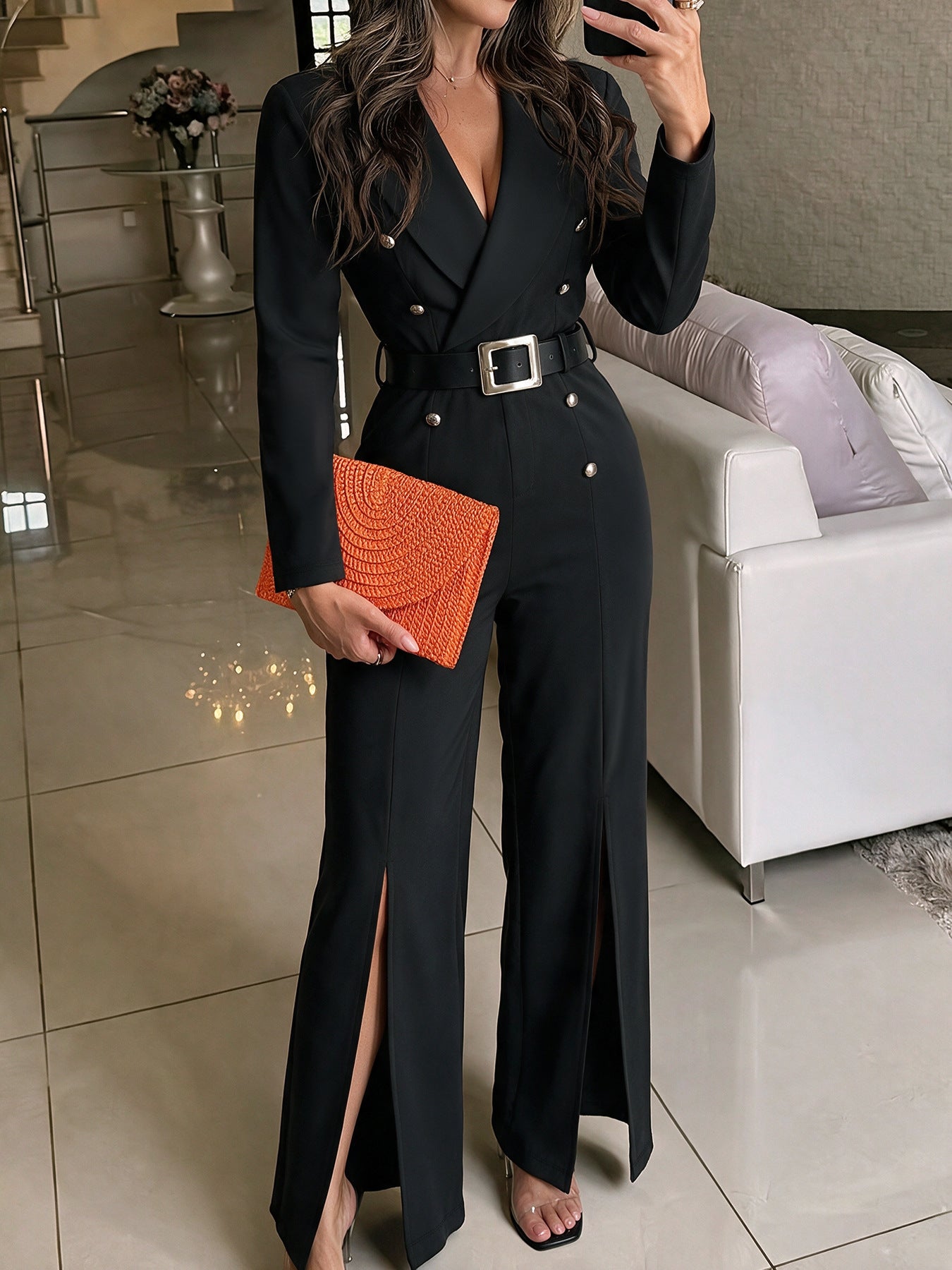 Women Belted Blazer Jumpsuit High Waist Flare Slit Black