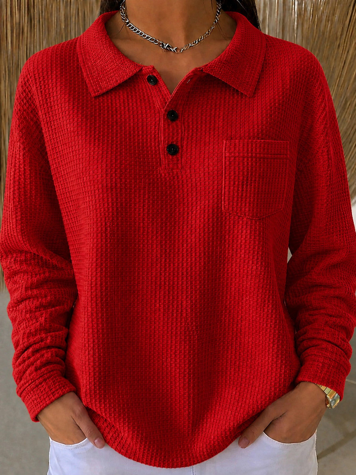 Women's Oversized Waffle Knit Collared Pocket Sweatshirt