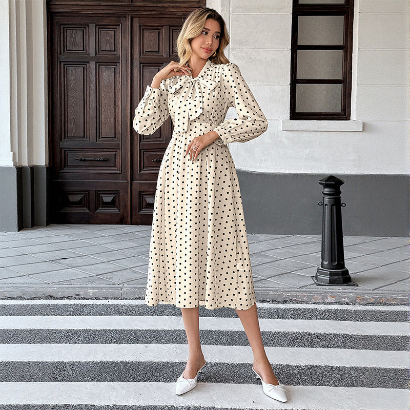 Polka Dot Bow Tie Long Sleeve A-Line Midi Dress