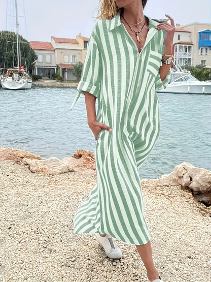 Women's Striped Maxi Shirt Dress Long Sleeve Casual A-Line