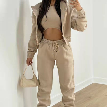 Women 3 Piece Hoodie Crop Top Jogger Pants Set