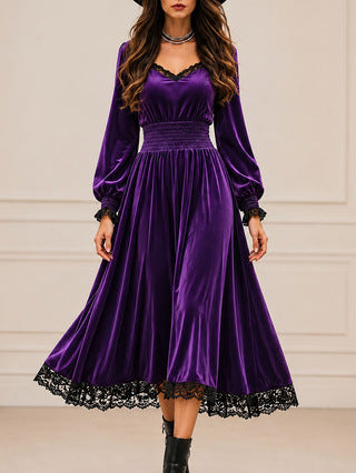 Women's Velvet Lace Trim V-Neck Long Sleeve Midi Dress