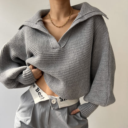 Womens Collared V Neck Ribbed Knit Sweater