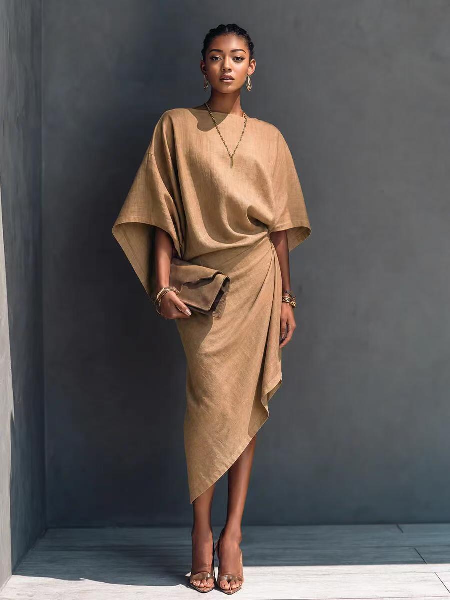 Women's Batwing Sleeve Solid Asymmetrical Midi Dress