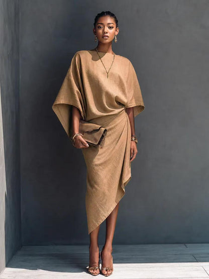 Women's Batwing Sleeve Solid Asymmetrical Midi Dress