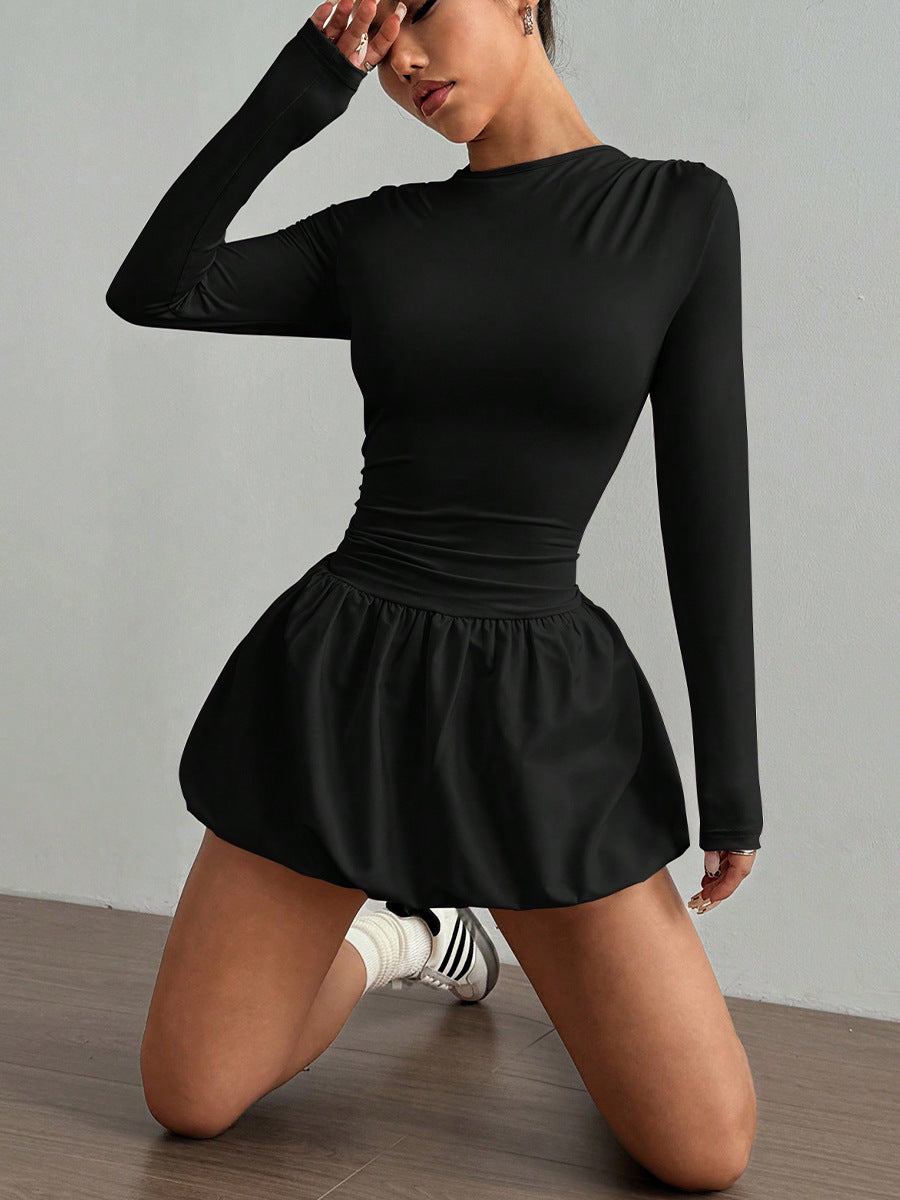 Long Sleeve Fitted Bubble Dress Ruched Waist Mini