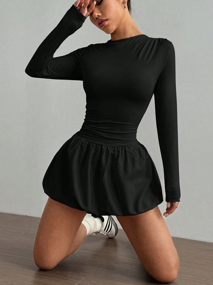 Long Sleeve Fitted Bubble Dress Ruched Waist Mini