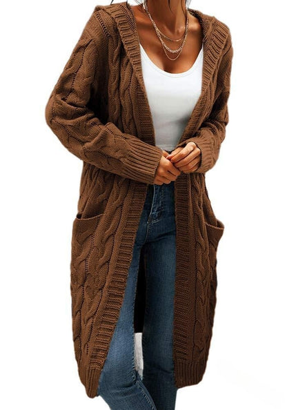 Women's Hooded Cable Knit Long Cardigan Open Front