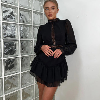 Black Chiffon Cutout Mini Dress Mock Neck Long Sleeve