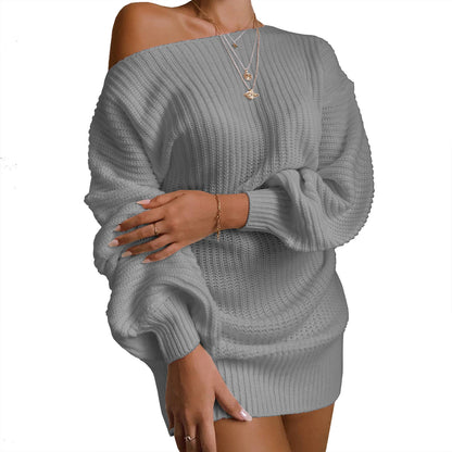 Off Shoulder Balloon Sleeve Ribbed Sweater Dress