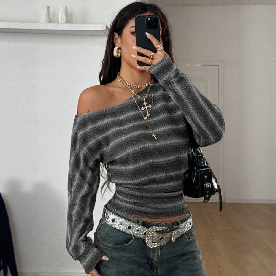 Off Shoulder Striped Knit Top Long Sleeve Trendy Sweater
