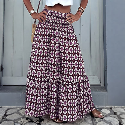 Boho Print Tiered Maxi Skirt Smocked High Waist Resort
