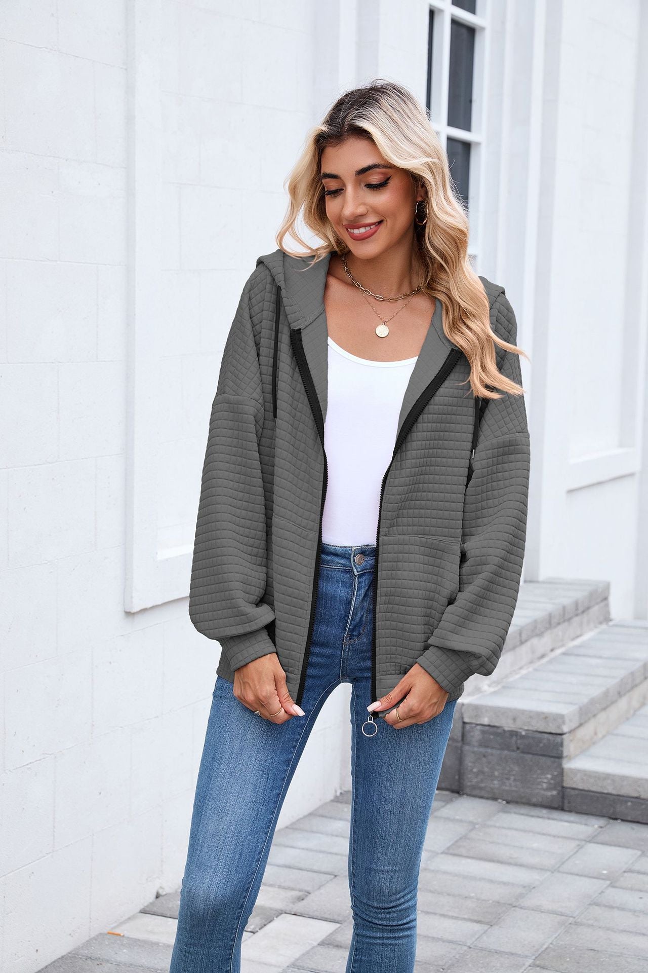 Quilted Zip Up Hooded Jacket Hoodie with Pockets