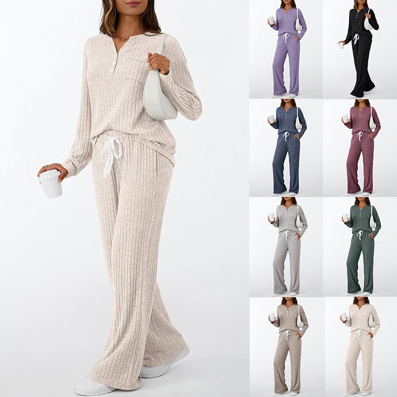 Women's Ribbed Henley Lounge Set Wide Leg Pants 2Pc