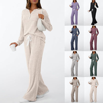 Women's Ribbed Henley Lounge Set Wide Leg Pants 2Pc