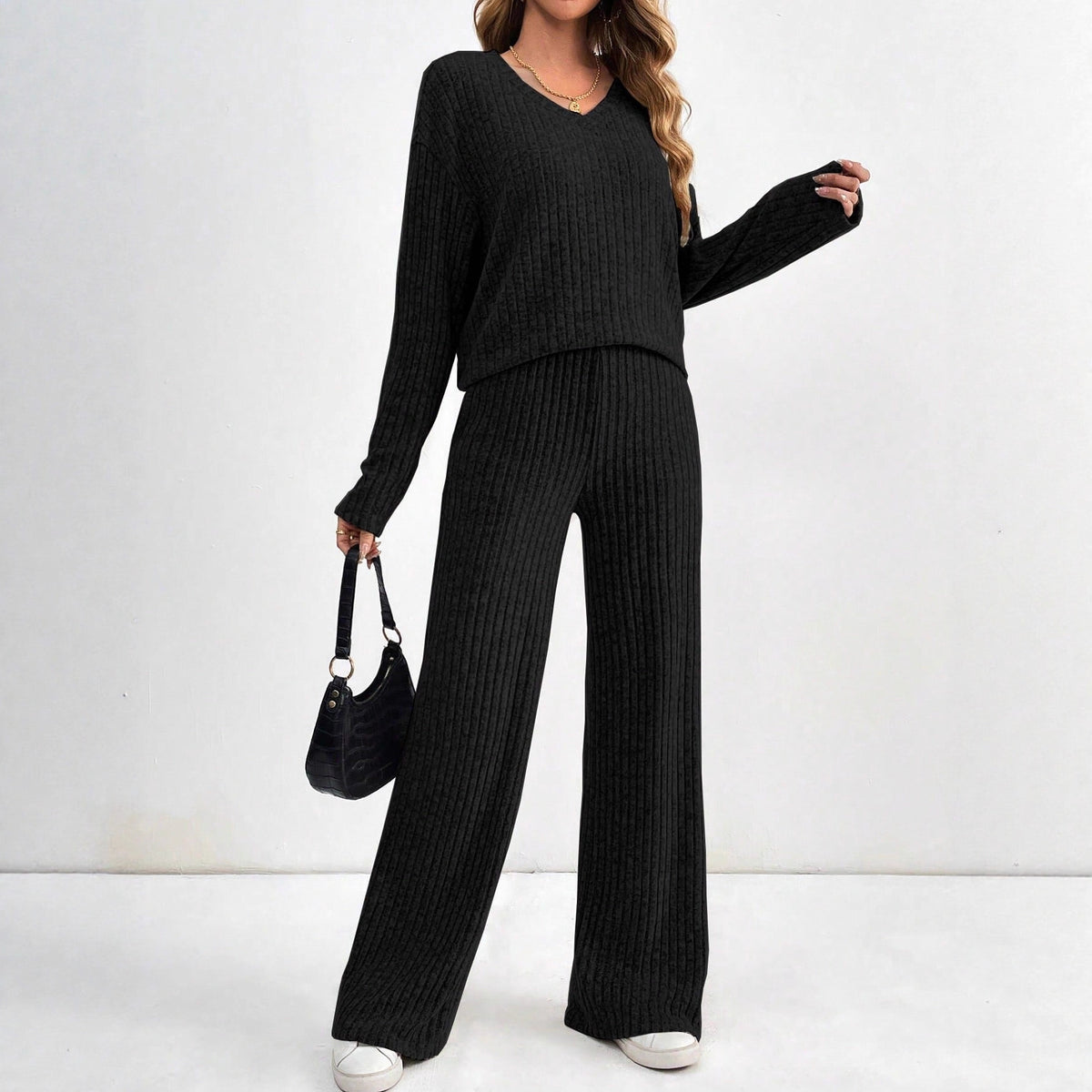Women's Ribbed Two Piece Lounge Set Wide Leg Pants