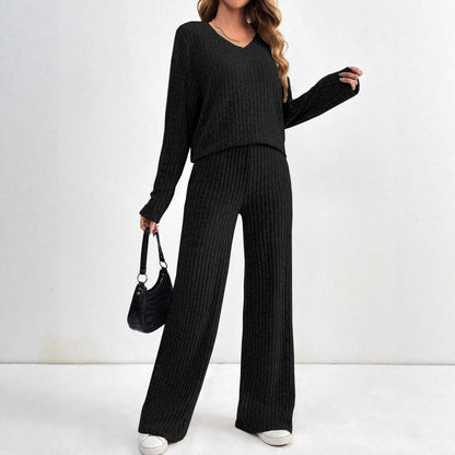 Women's Ribbed Two Piece Lounge Set Wide Leg Pants
