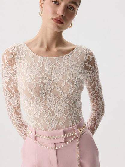 Sheer Lace Long Sleeve Top Fitted U Neck Blouse