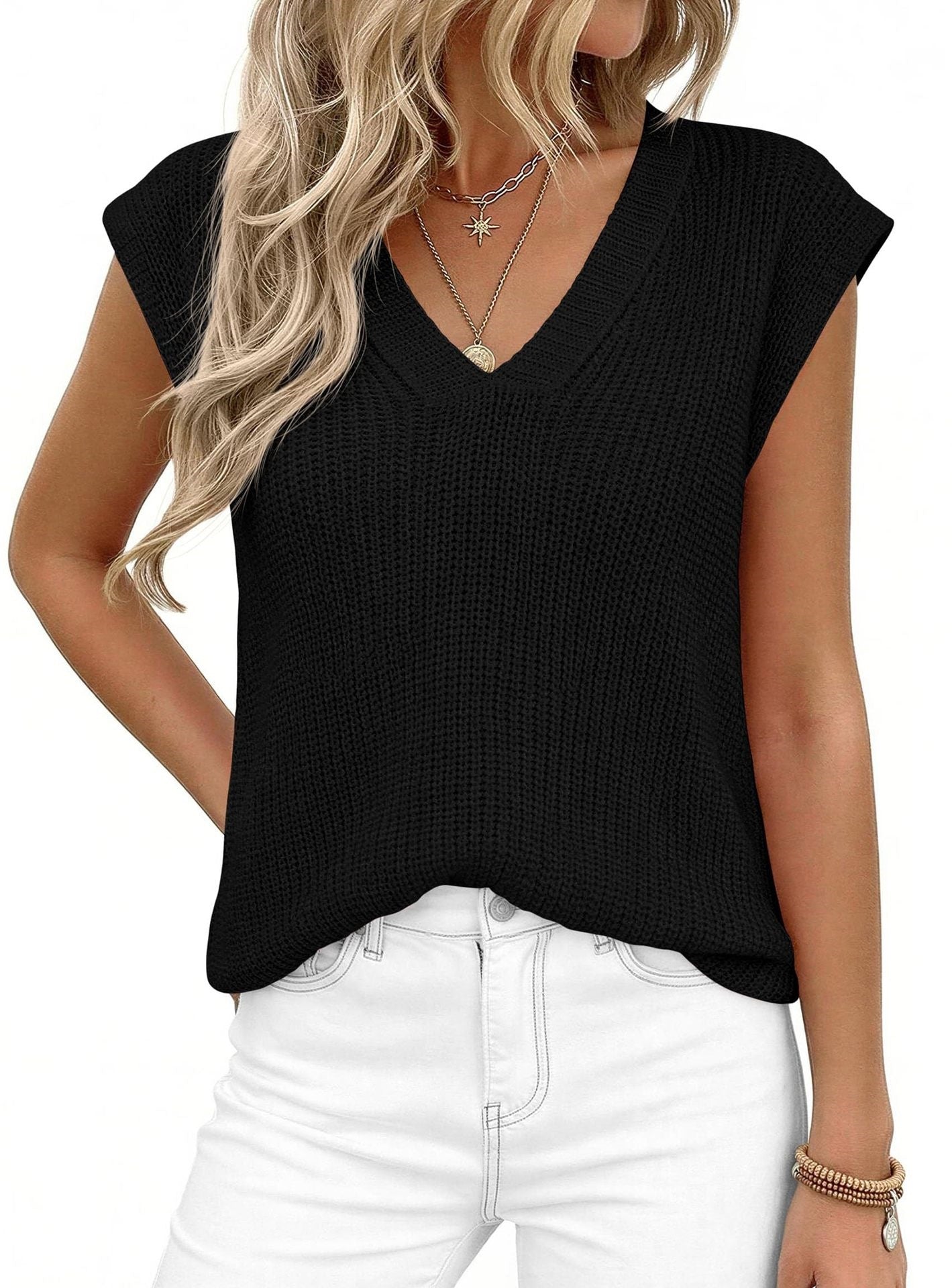 V Neck Knit Sweater Vest Sleeveless Loose Summer Top