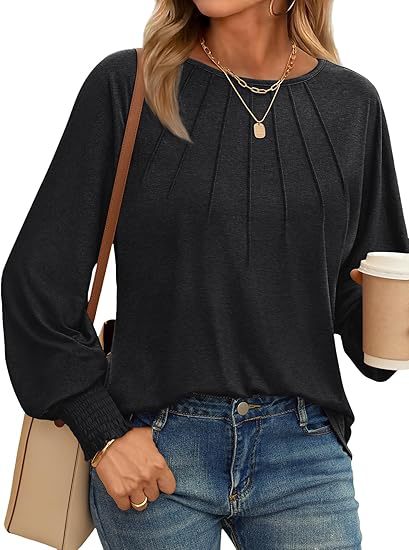 Women's Pleated Crewneck Balloon Sleeve Oversized Top