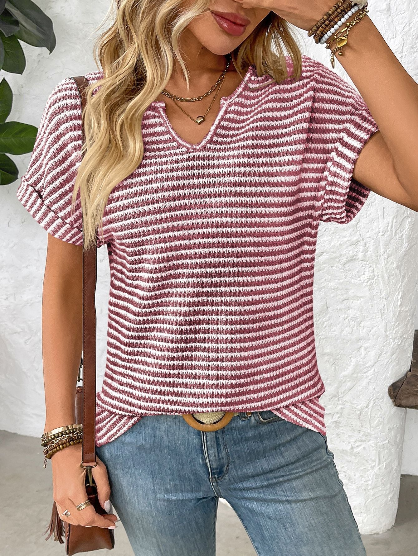 Women’s V-Neck Striped Loose Fit Short Sleeve Tee