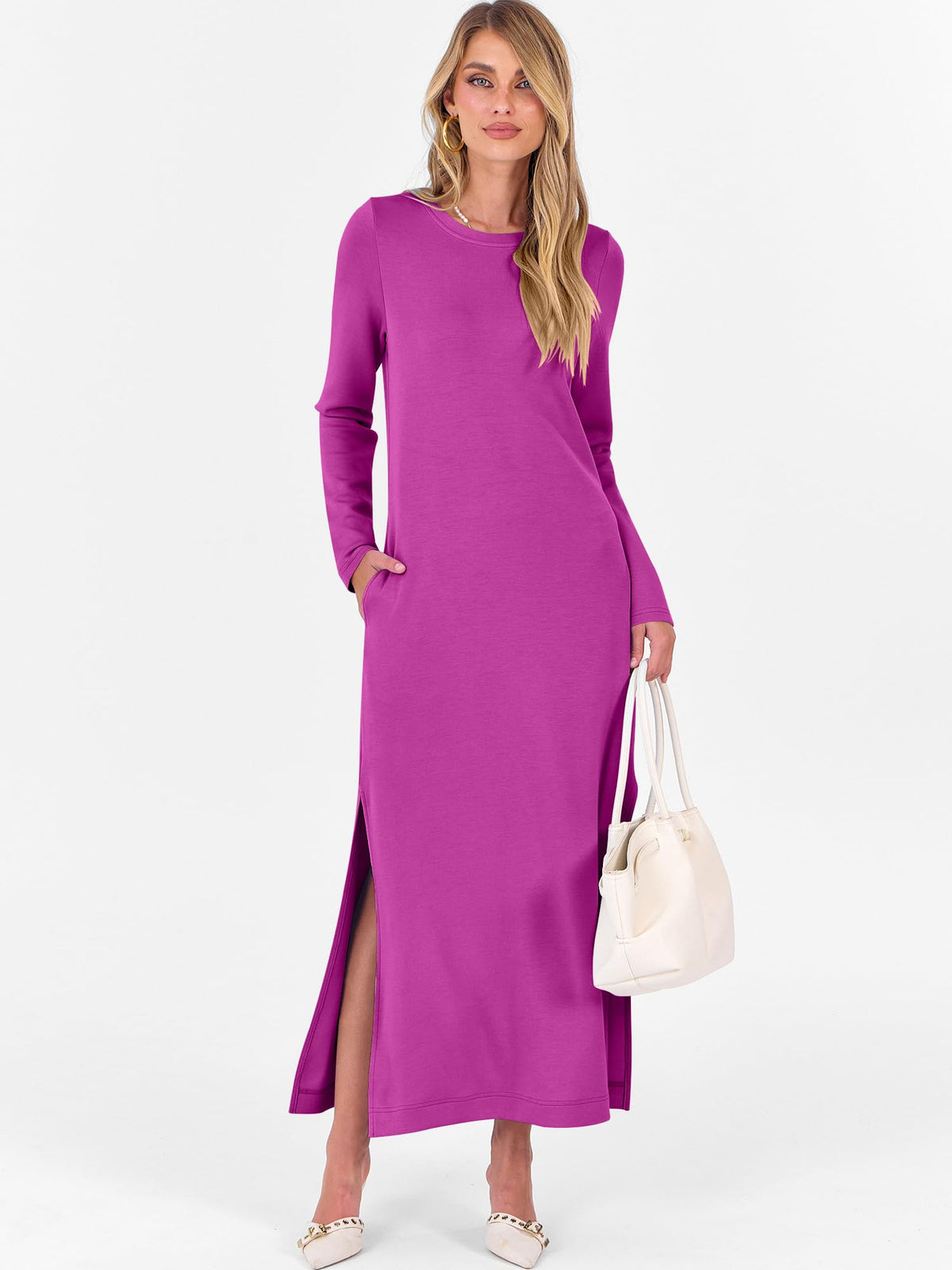 Women's Long Sleeve Maxi Dress with Pockets Side Slit