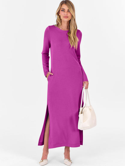 Women's Long Sleeve Maxi Dress with Pockets Side Slit