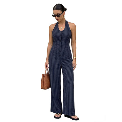 Striped Halter Backless Wide Leg Jumpsuit Office Chic