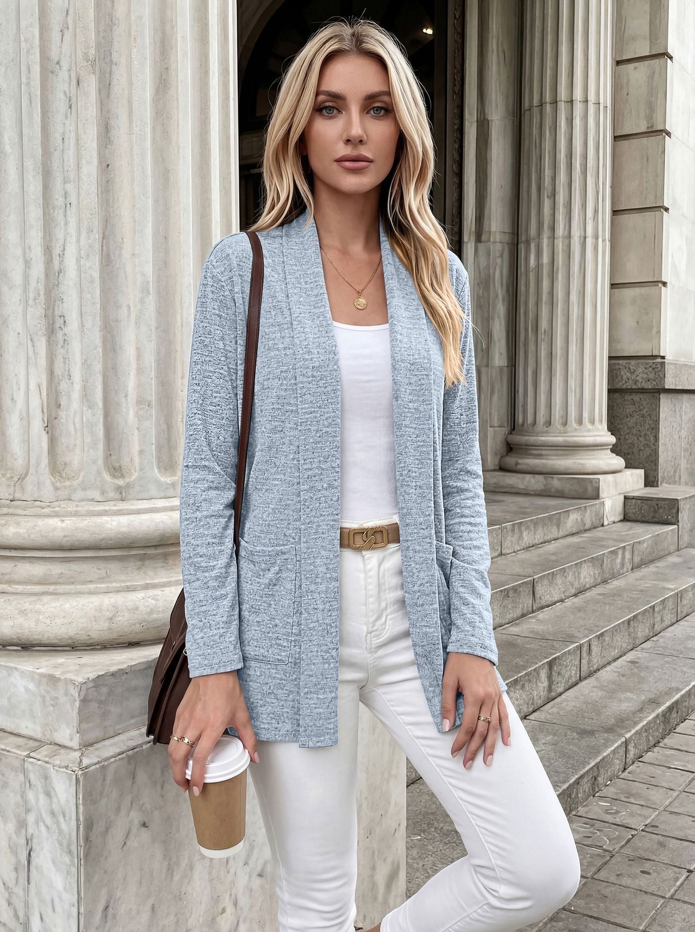 Pocket Open Front Cardigan Long Sleeve Knit Top