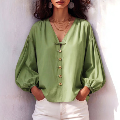 Women's V Neck Balloon Sleeve Button Front Blouse