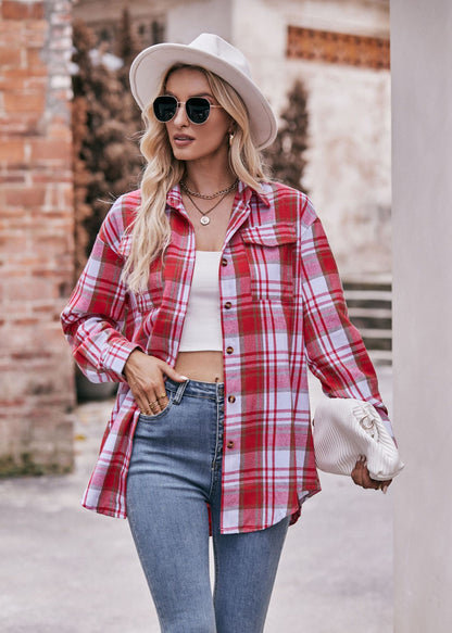 Women's Red Plaid Button Down Long Sleeve Casual Shirt