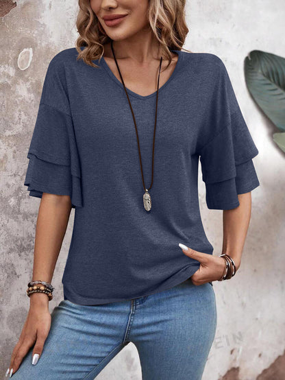 Customizable  Women's V-Neck Flutter Sleeve Top – Casual Summer T-Shirt