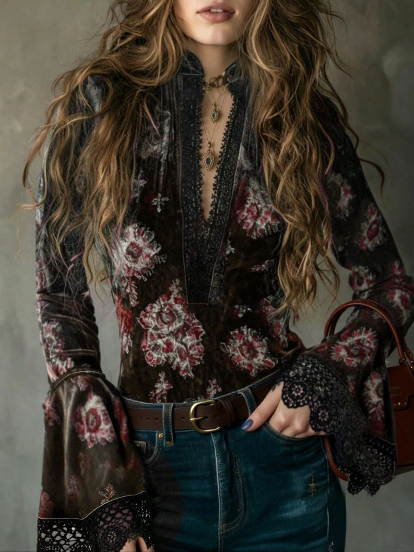 Women's Floral Lace V-Neck Bell Sleeve Blouse