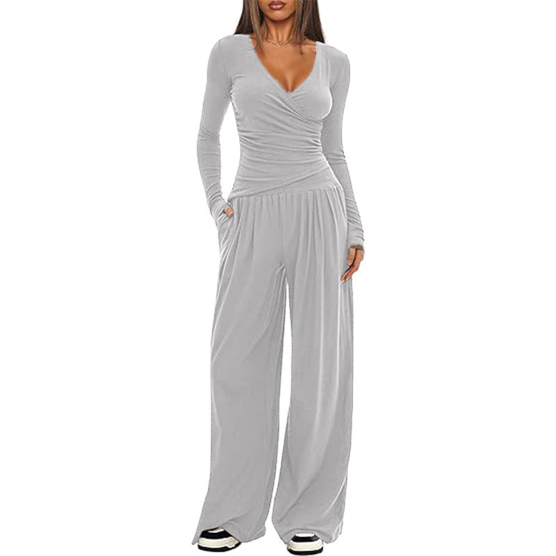 Women's 2 Piece V Neck Wide Leg Pants Lounge Set