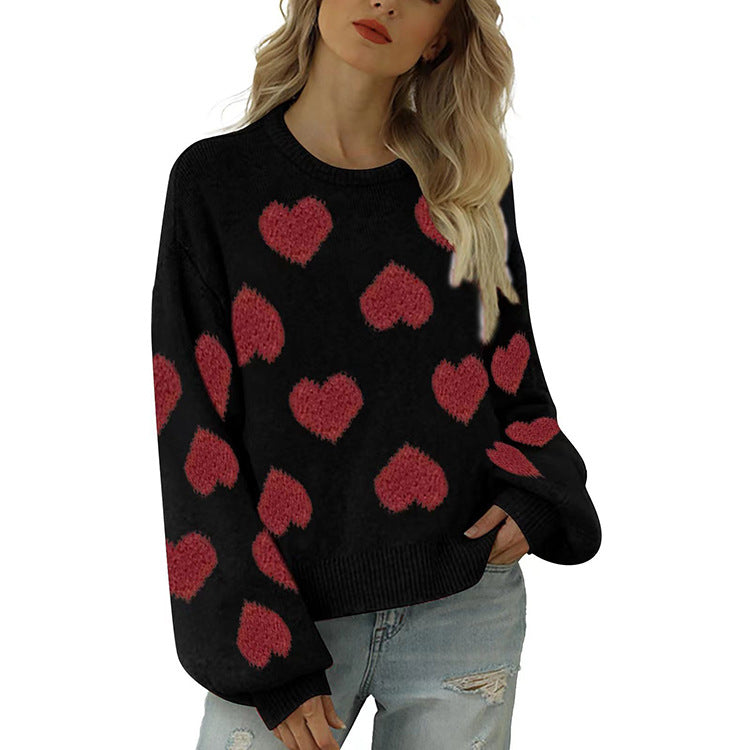 Valentine Heart Pattern Knit Pullover Sweater for Women